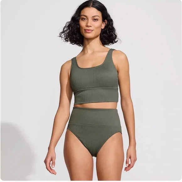 Land end High-Waist Ribbed Olive Green Tank Bikini Set - Picture 5 of 6